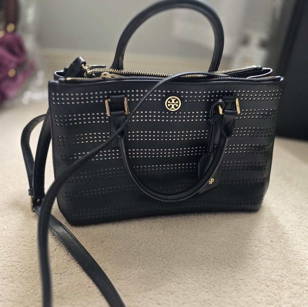 Tory Burch Black Perforated Leather Tote